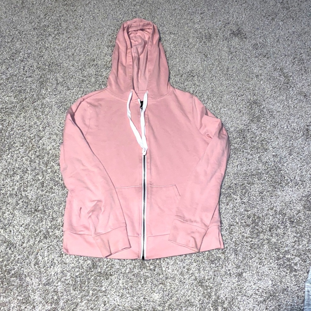 beatiful plush pink soft cotton zip-up sweater matched with white pull strings